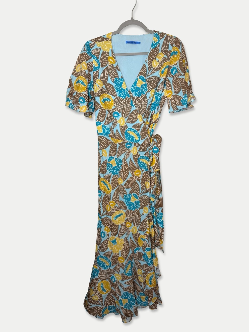 J. McLaughlin XS Tencel Floral Wrap Maxi Dress Blue Brown Yellow